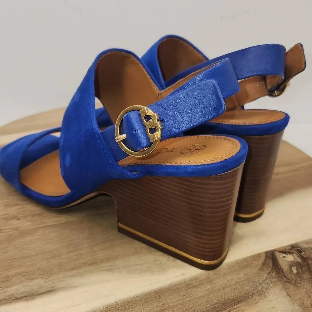 Tory Burch Women's Selby block-heel sandal Blue Suede Size 7.5 M